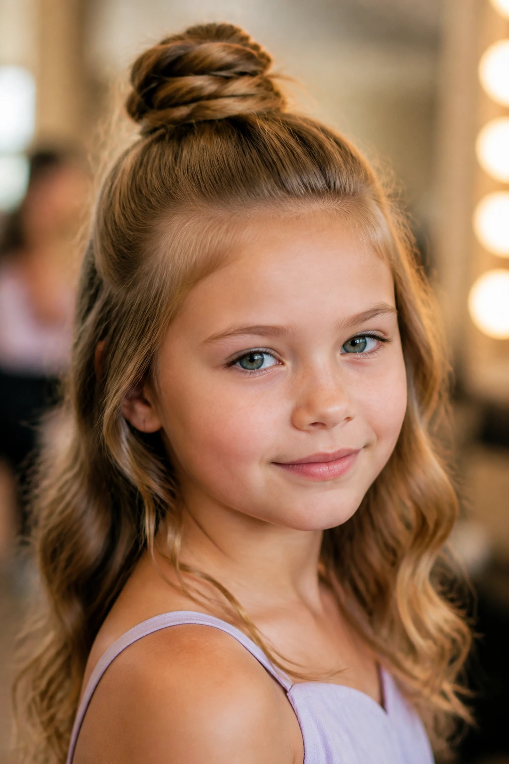 Child with a crown half-up styled into a neat bun