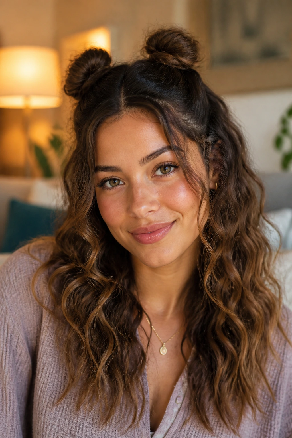 Close-up of a real woman with two small buns at the crown.