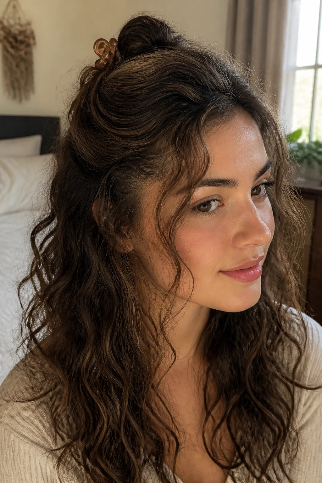 Close-up of a real woman with a half-up claw clip twist in 2B wavy-curly hair