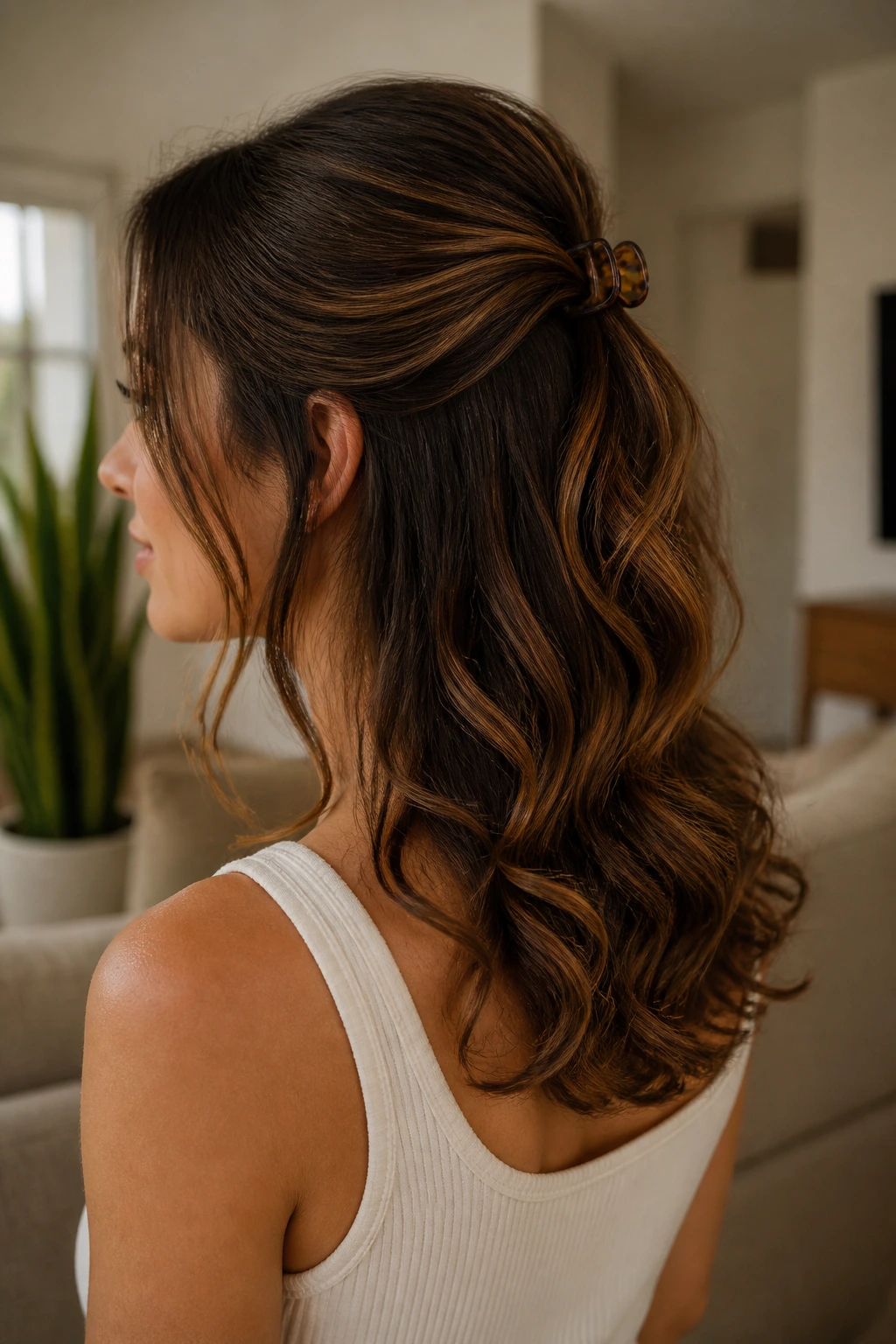 Portrait of a woman with half-up hairstyle secured by a claw clip and curled ends.