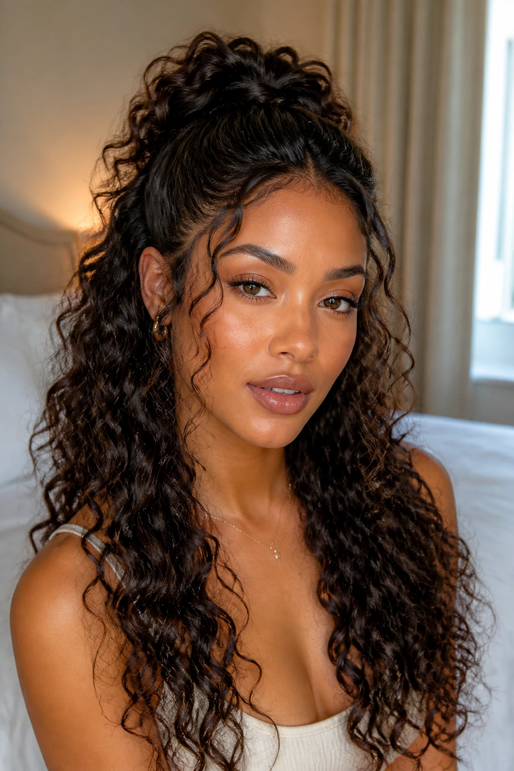 Real woman with half-up half-down curly wig showing crown lift