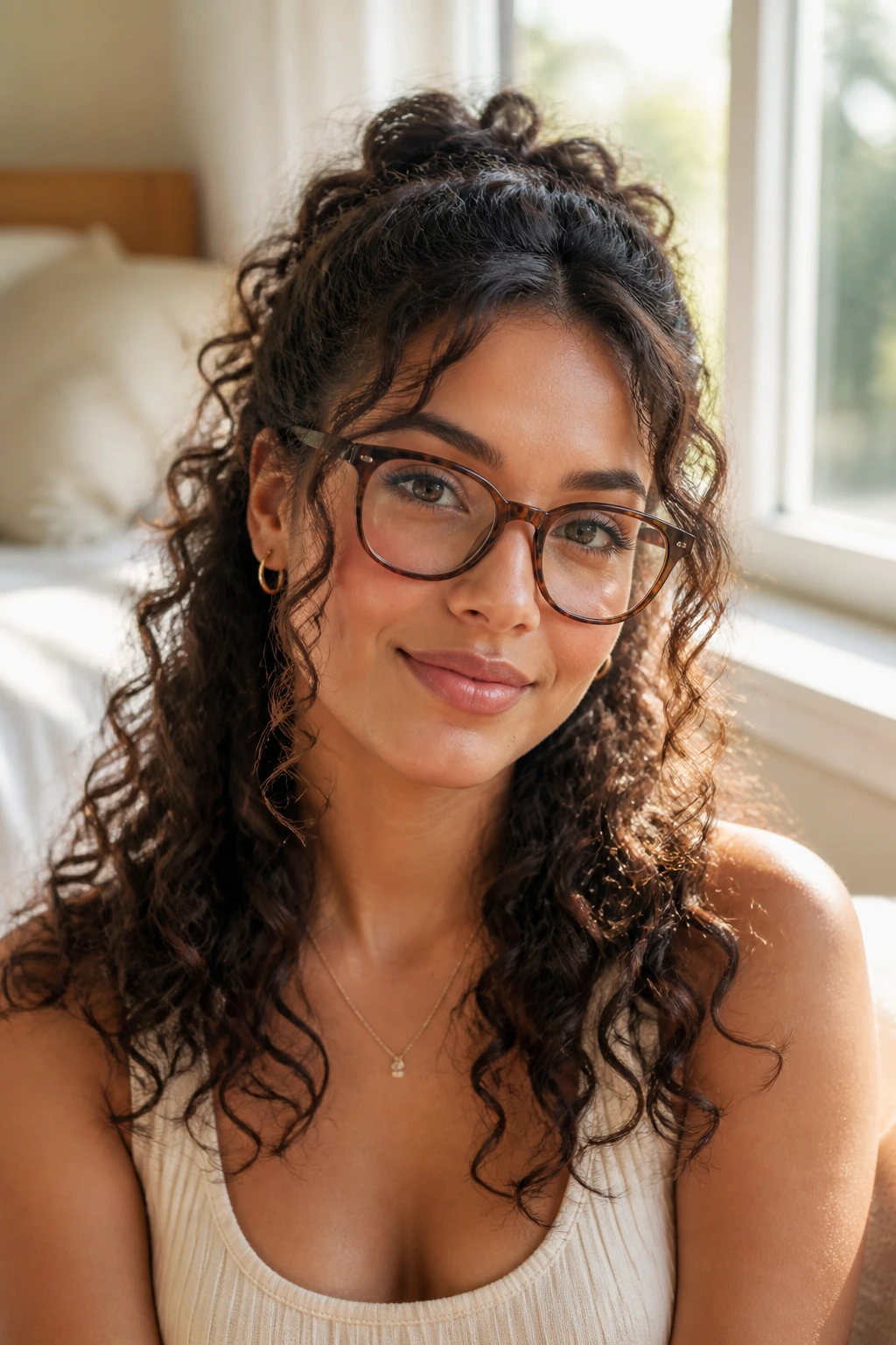 Close-up of a real woman with half-up curls and face-framing pieces
