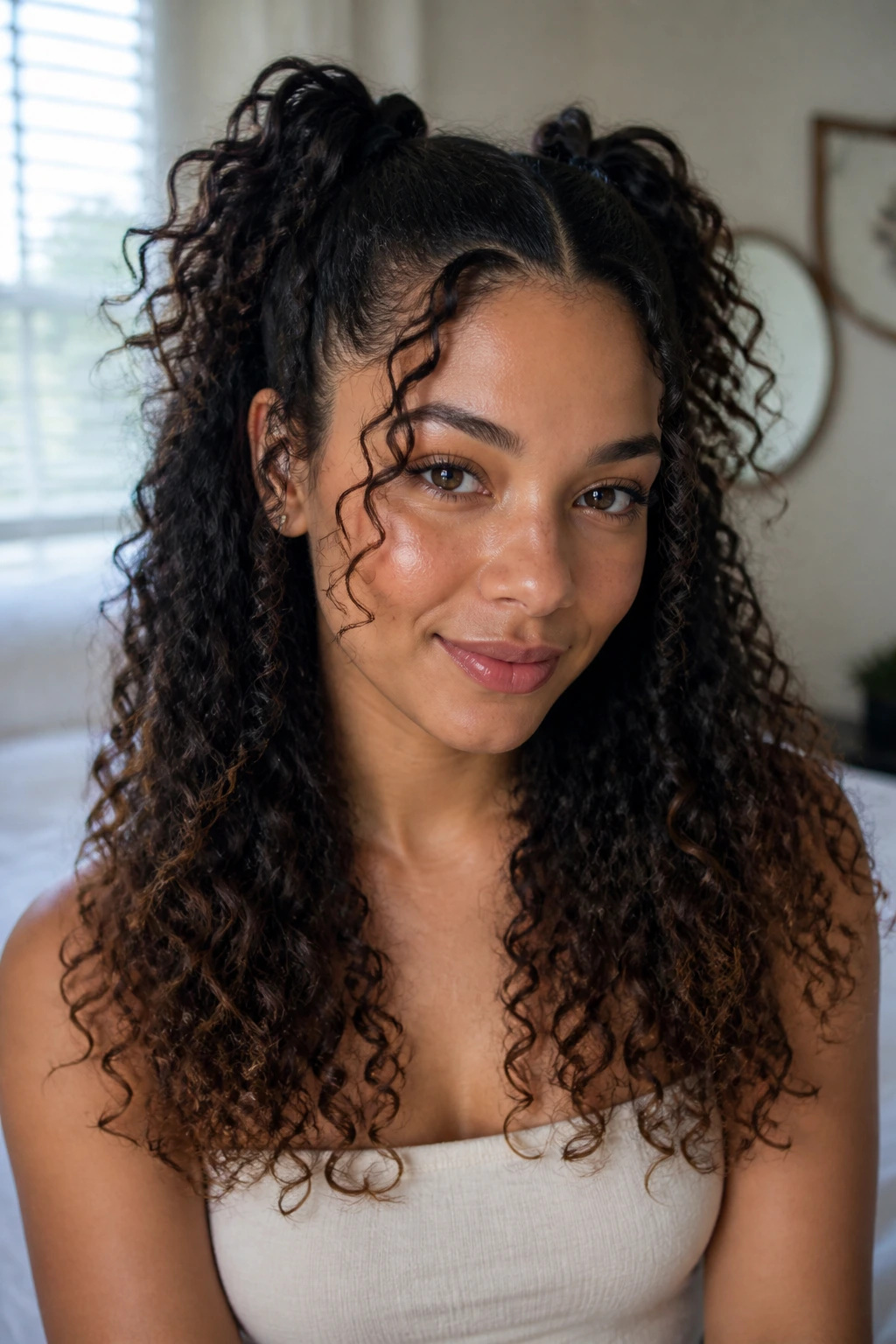 Close-up of a real woman with half-up curly pigtails and loose bottom curls