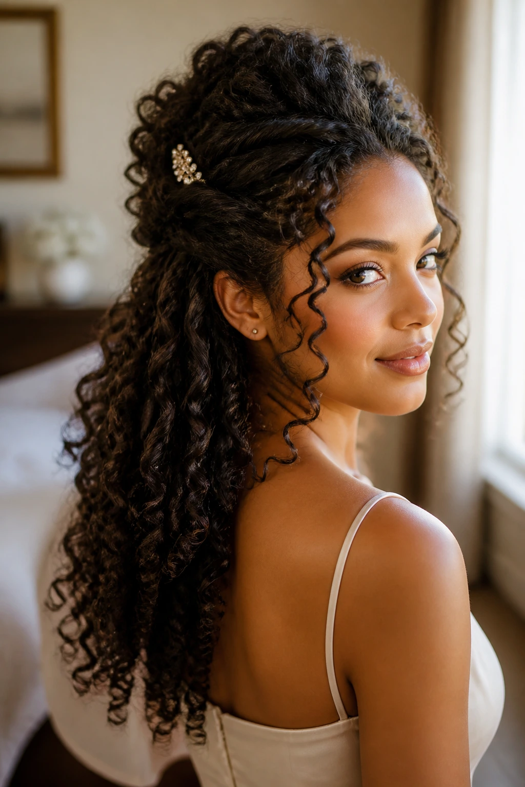 Close-up portrait of a real woman with a voluminous half-up curly hairstyle, crown lift and flowing curls; warm window light.