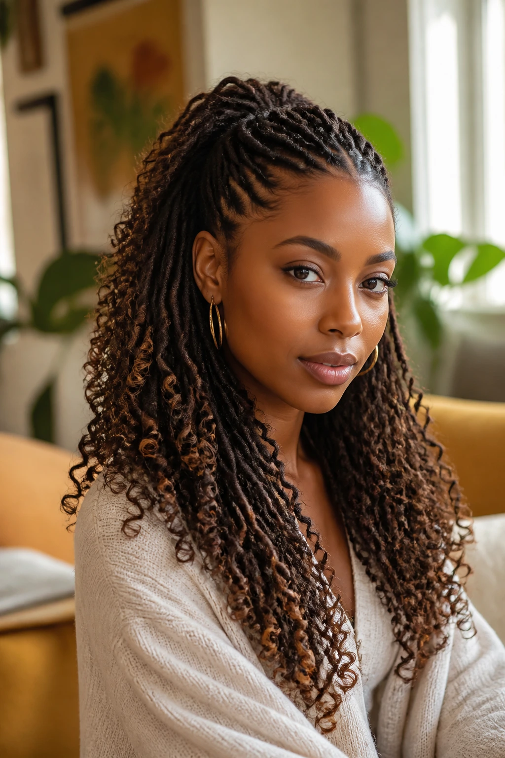 Portrait of a real person showing a half-up curly loc cascade with top section tied back