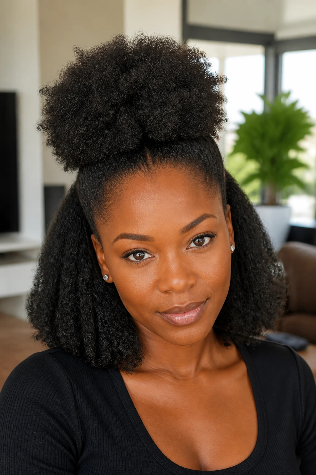 Close-up portrait of a real woman with a half-up half-down puff for 4C hair