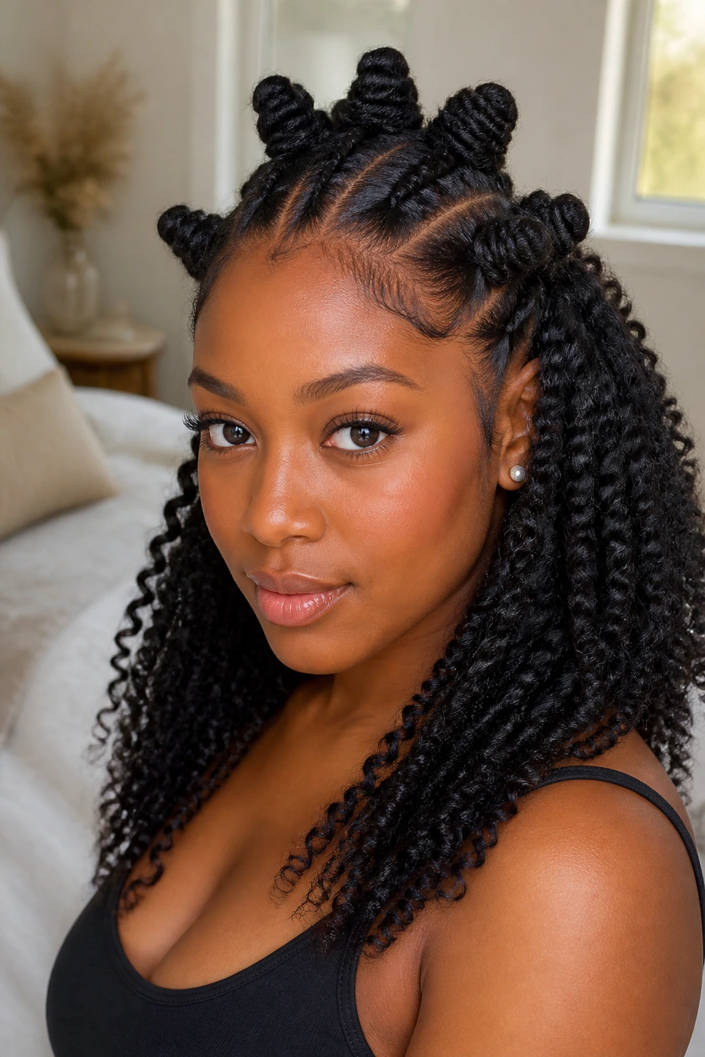 Close-up of a real person with half-up half-down crochet Bantu knots