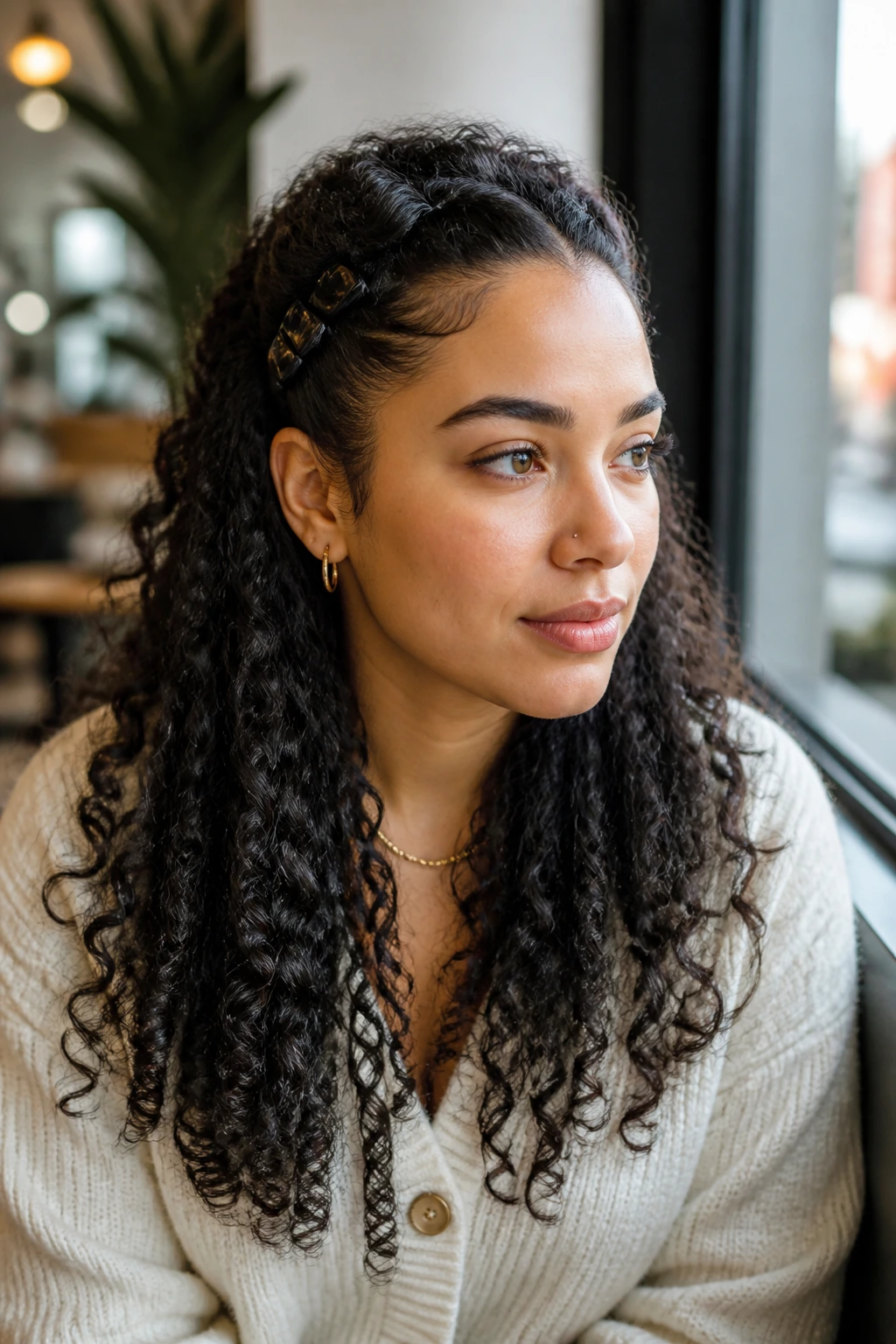 Close-up portrait of a real woman with half-up hair and clipped sides.