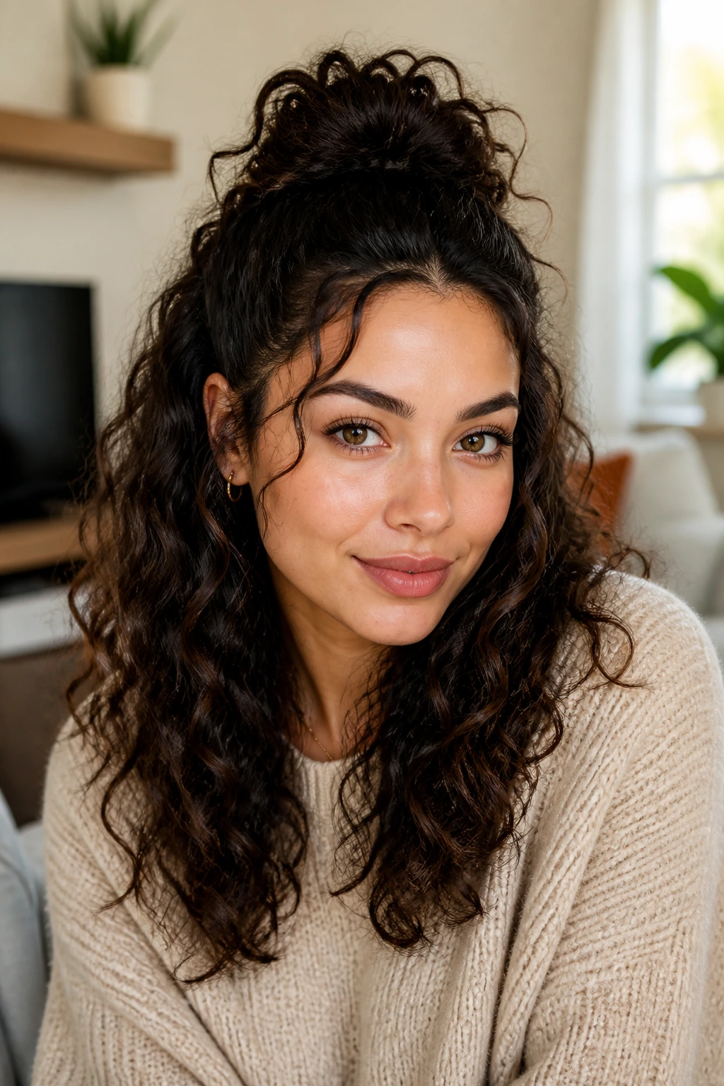 Portrait of a woman with half-up, half-down hairstyle and crown lift