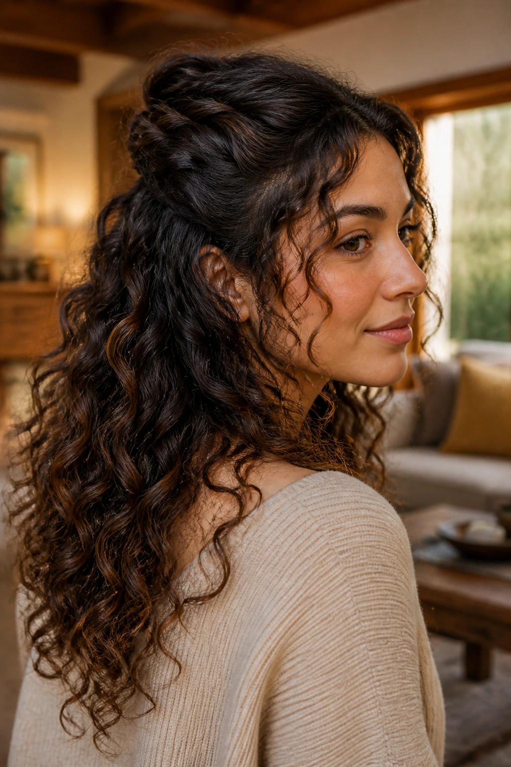 Close-up of a real person with half-up half-down curls, top section twisted