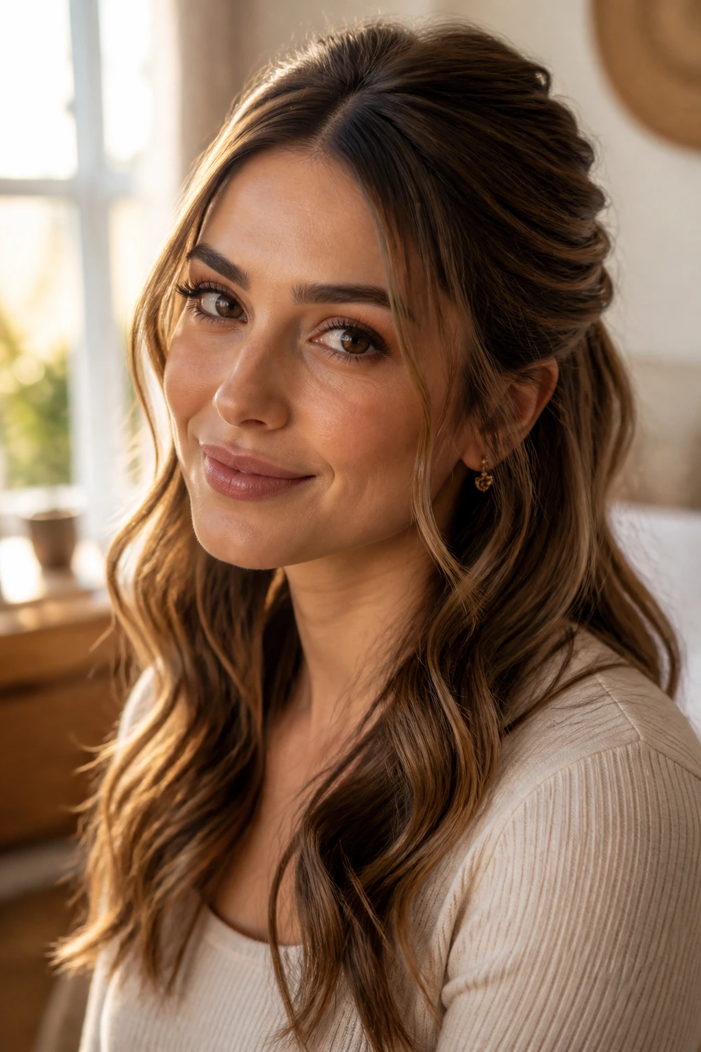Close-up portrait of a real woman with a half up half down hairstyle in warm natural light