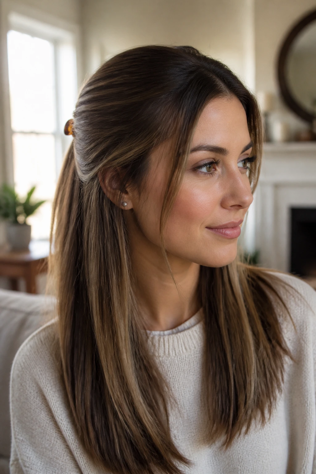 Close-up portrait of real woman with half up half down hairstyle in warm window light