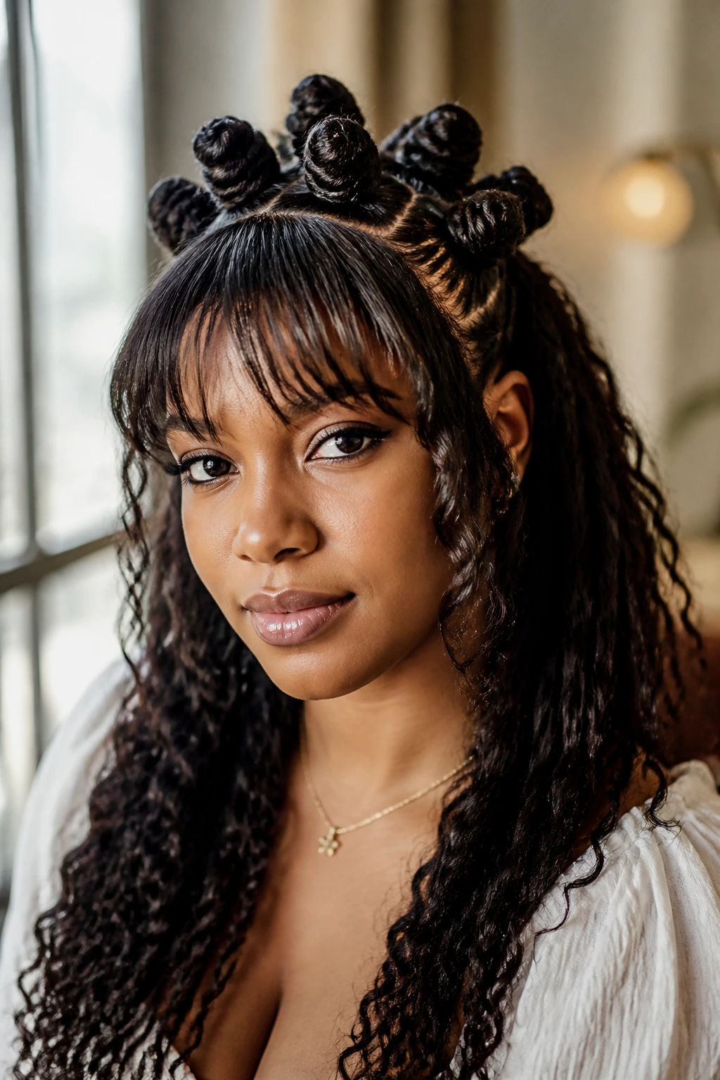 Half-Up Halo Knots close-up portrait with soft fringe