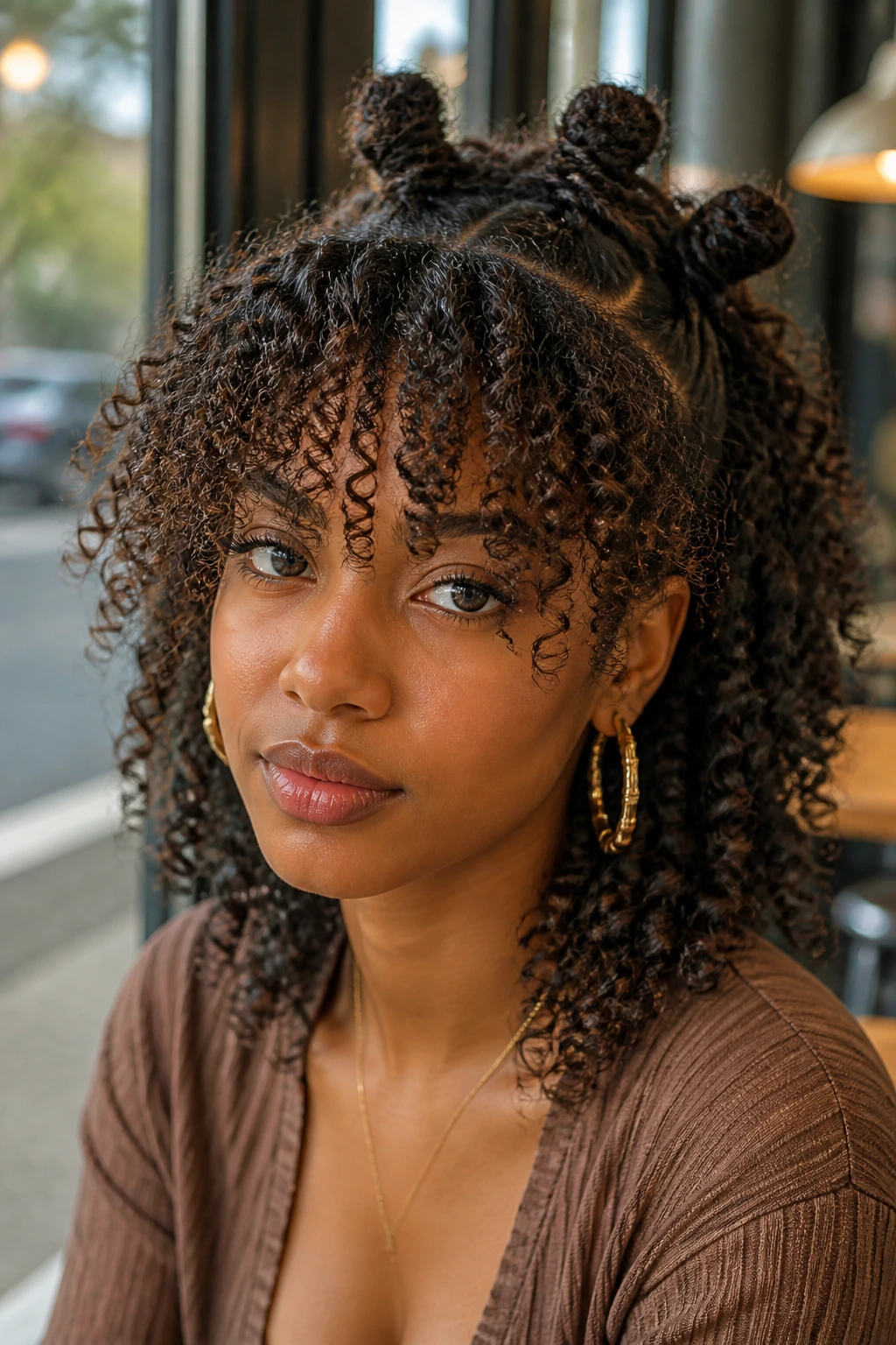 Portrait of a real woman with half-up knots and a curly fringe.