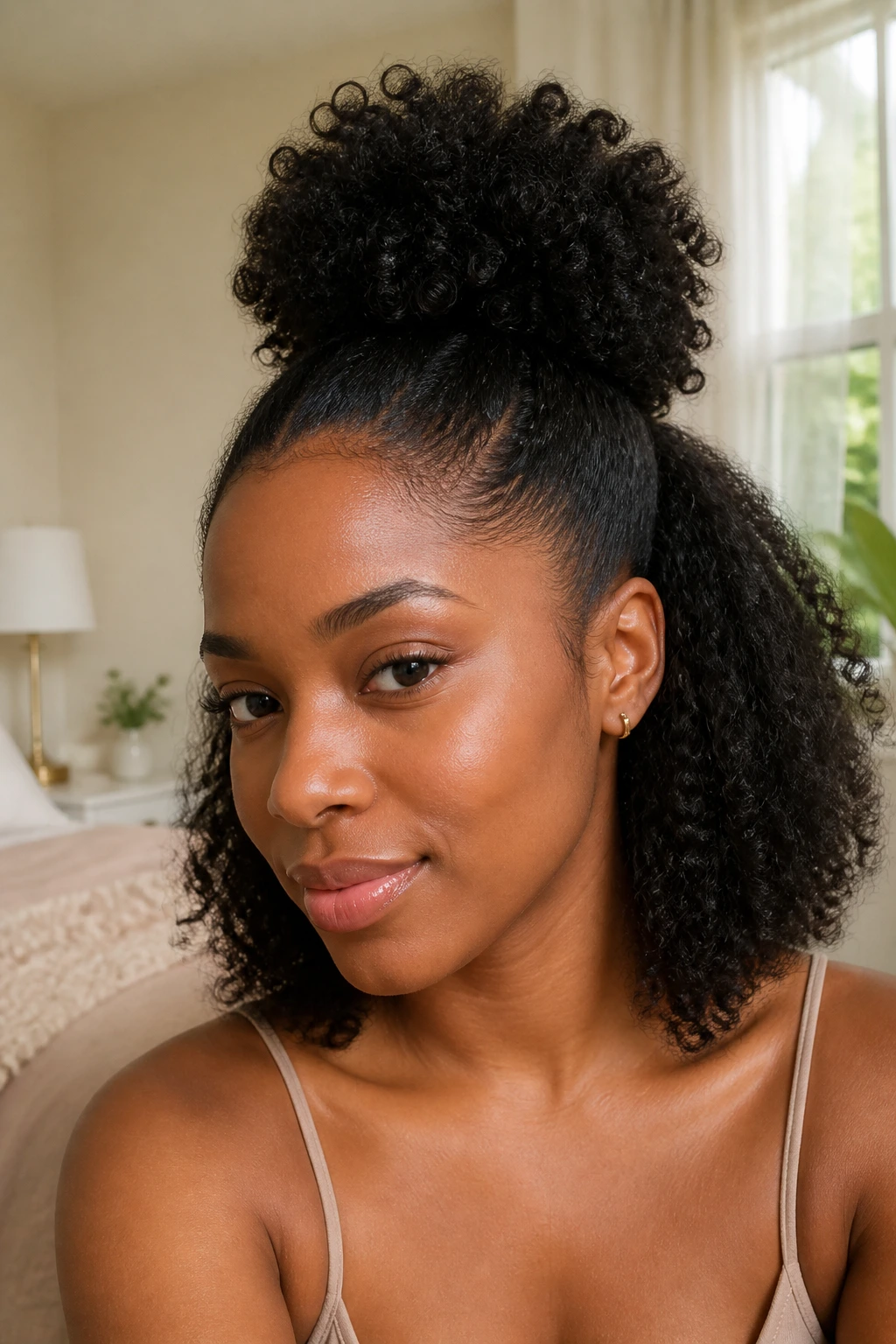 Close-up portrait of a real woman with a half-up puff and loose lower hair.