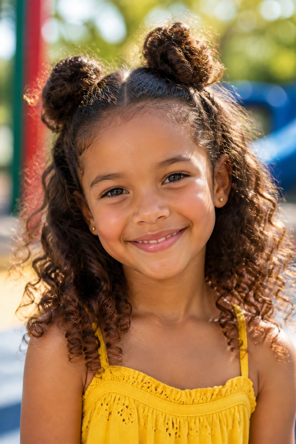 Close-up of a girl with half-up space buns and loose curls outdoors