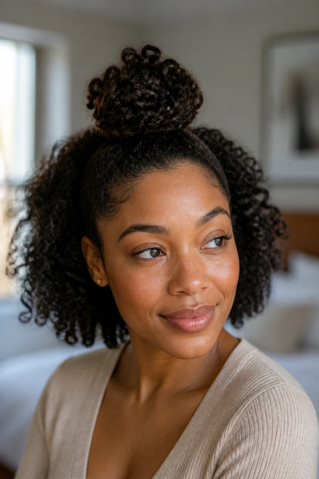 Close-up of a real woman with a half-up curly top knot