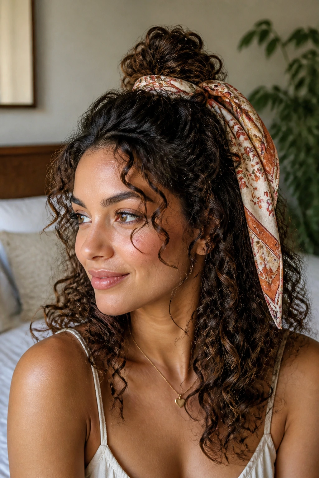 Close-up of a real woman with a half-up knot and scarf tail in a sunlit bedroom