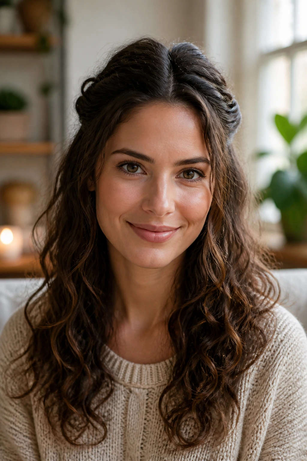 Front portrait of a real woman with a half-up twist crown