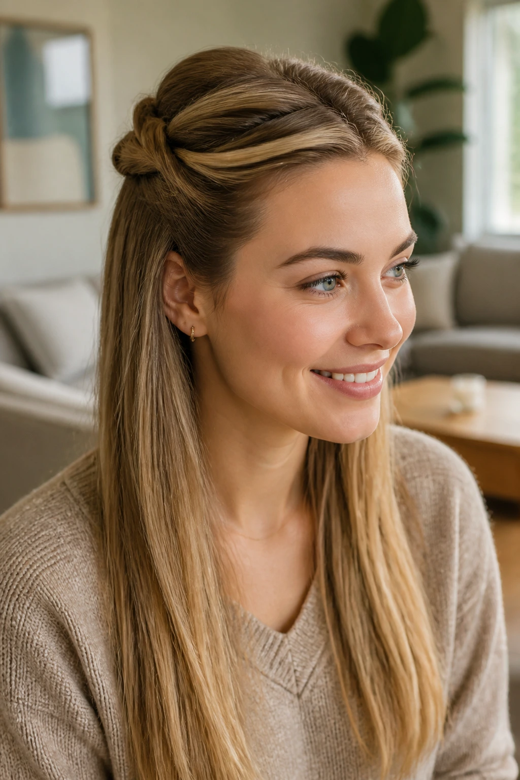 Close-up of a woman with a half-up twist on top of her head