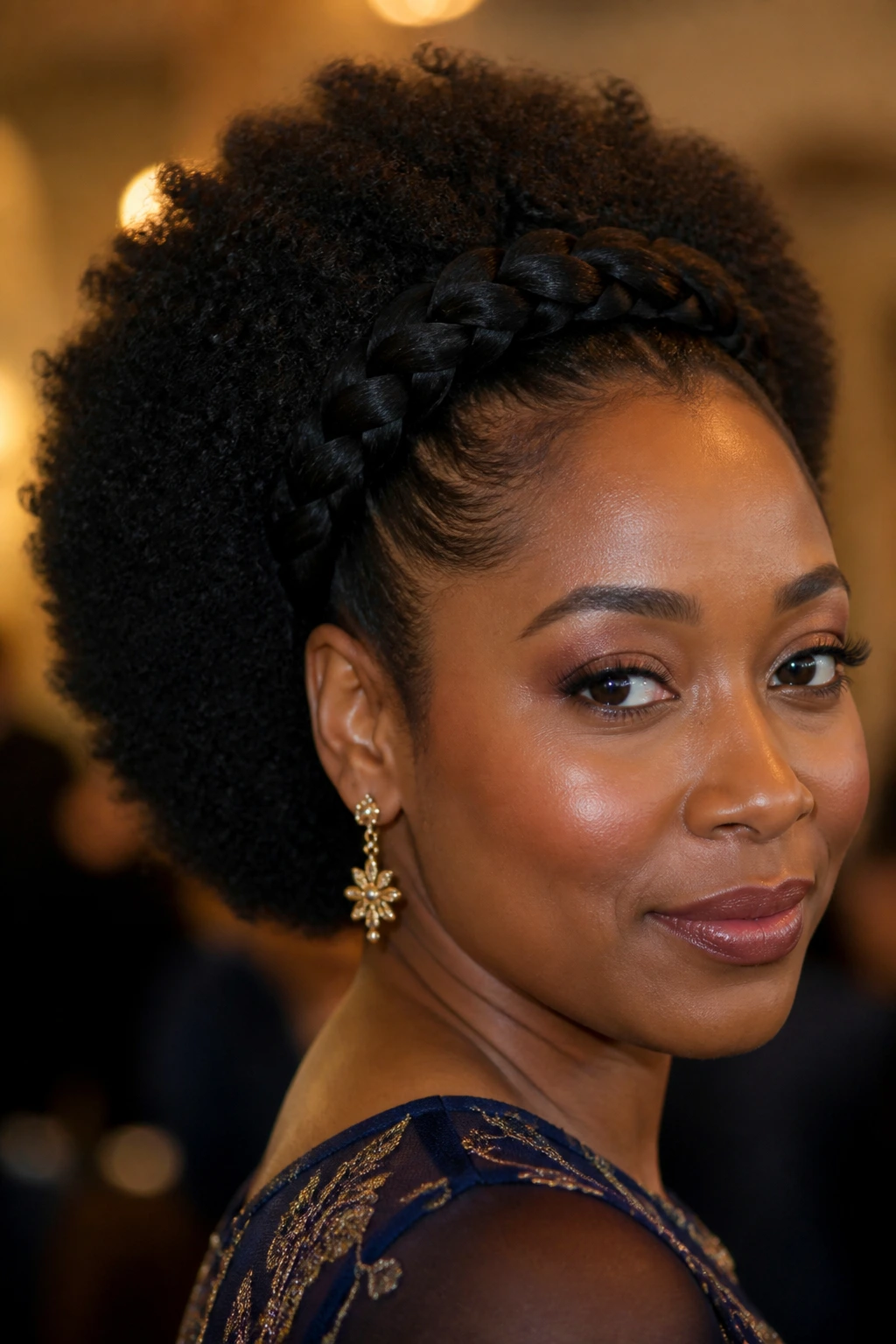 Close-up portrait of a woman with a halo braid and full Afro back, natural lighting