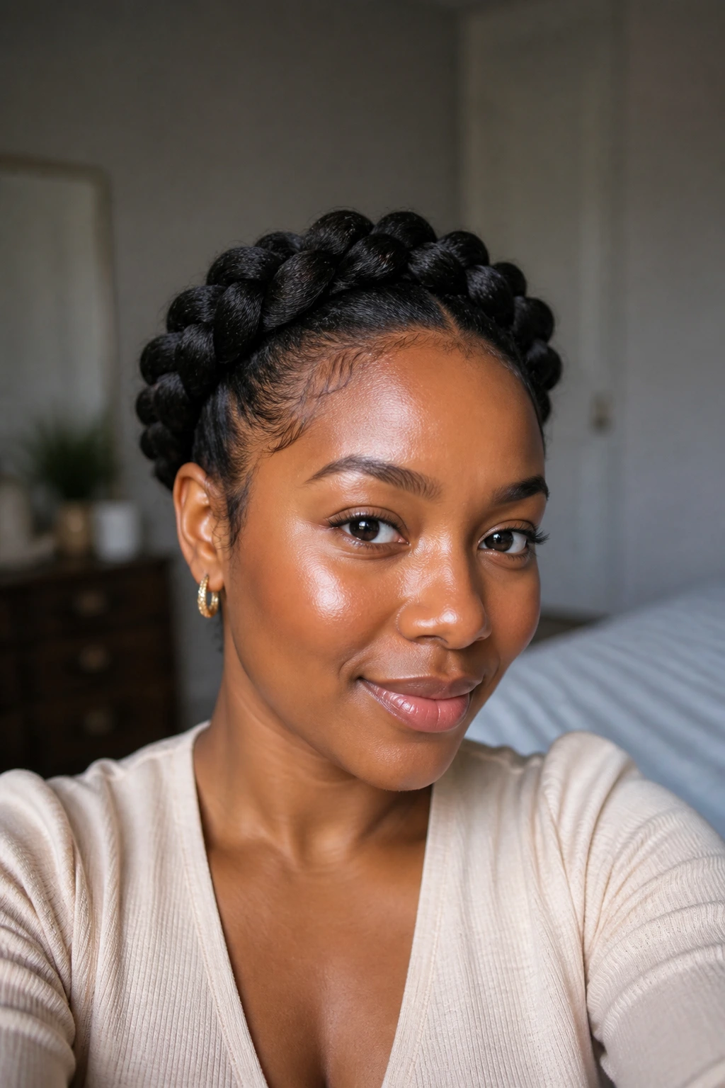 Real woman with halo braid crown around her head in a cozy interior.