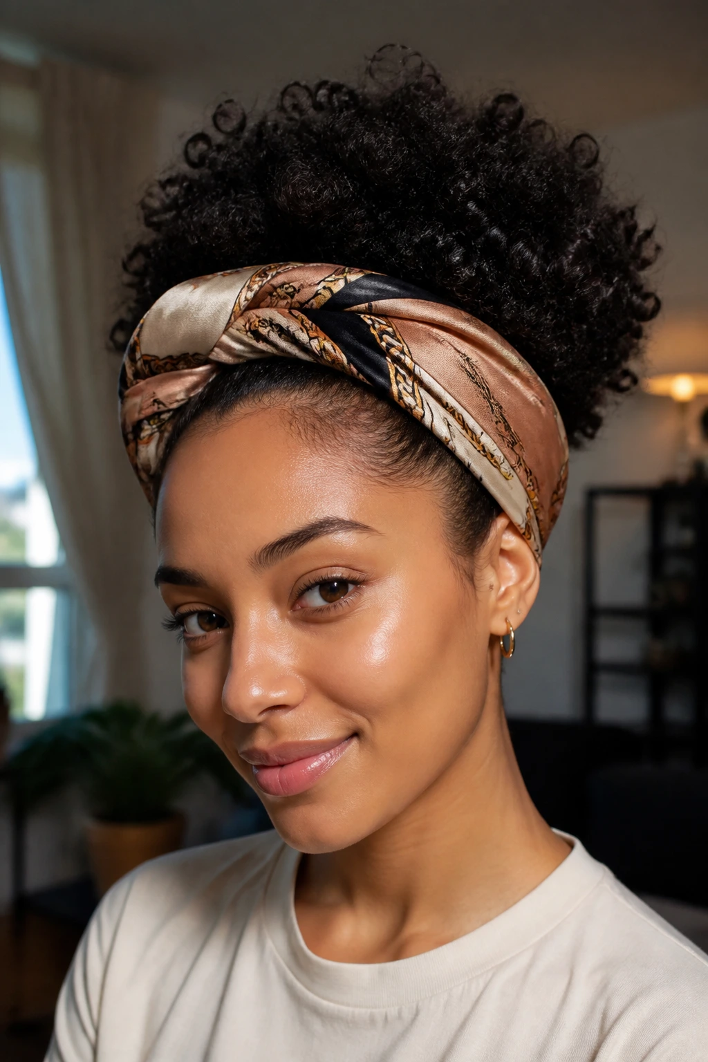 Close-up of real woman wearing halo scarf puff hairstyle in a softly lit living room