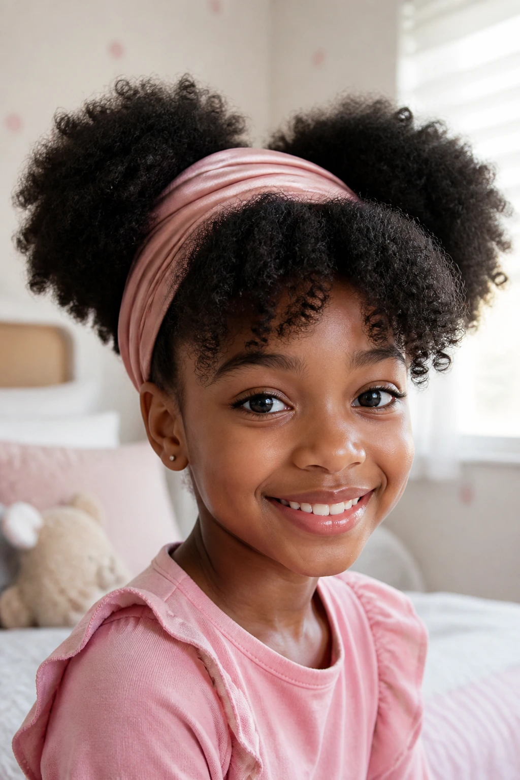 Afro hairstyle with puff bangs and headband on a child.