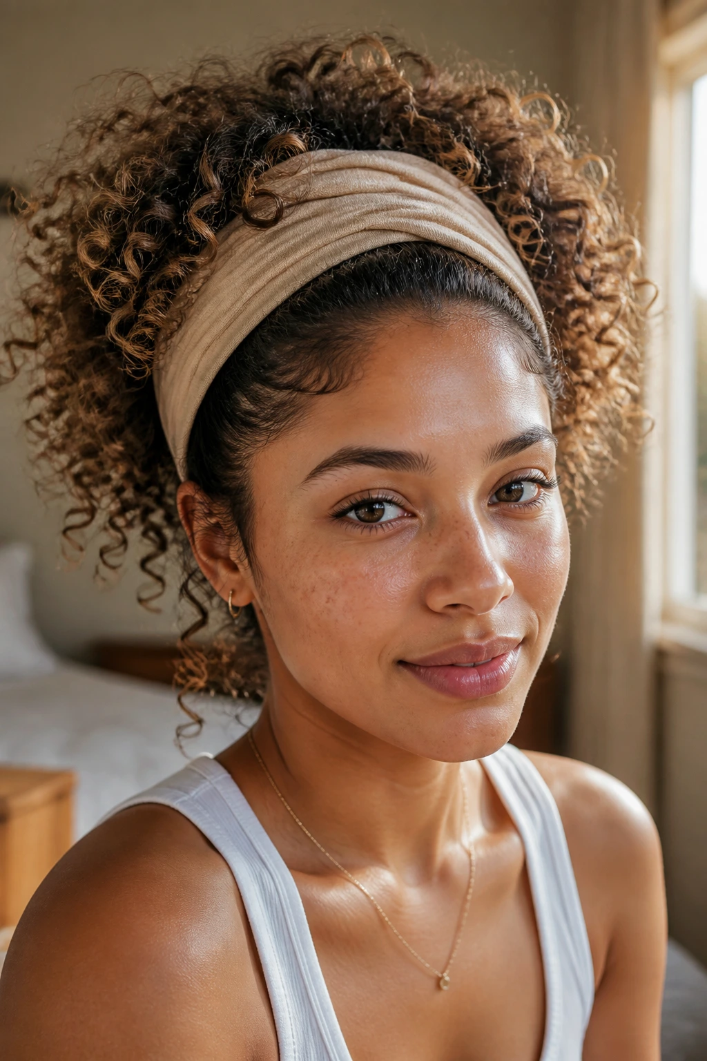 Close-up portrait of a woman wearing a wide fabric headband with curls spilling around, frizz-controlled look