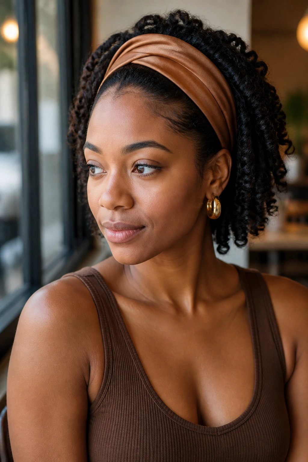 Real woman wearing a headband to push back curls with a defined crown