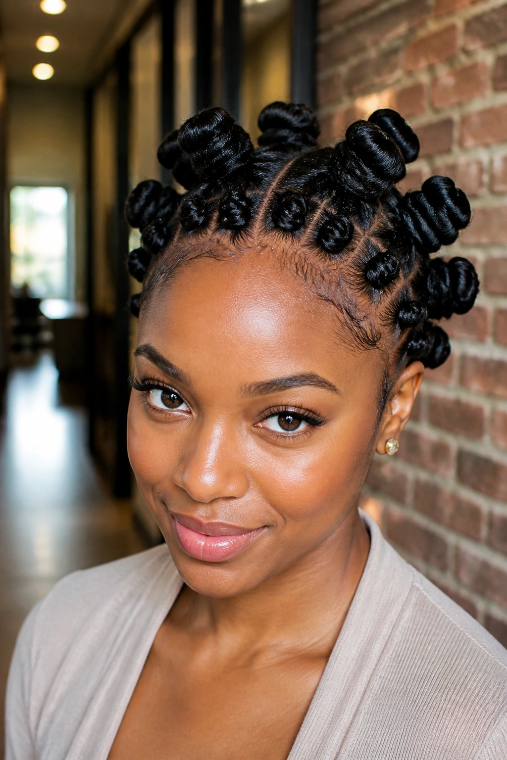 Close-up of a real woman with a headband row of knots from temple to temple.