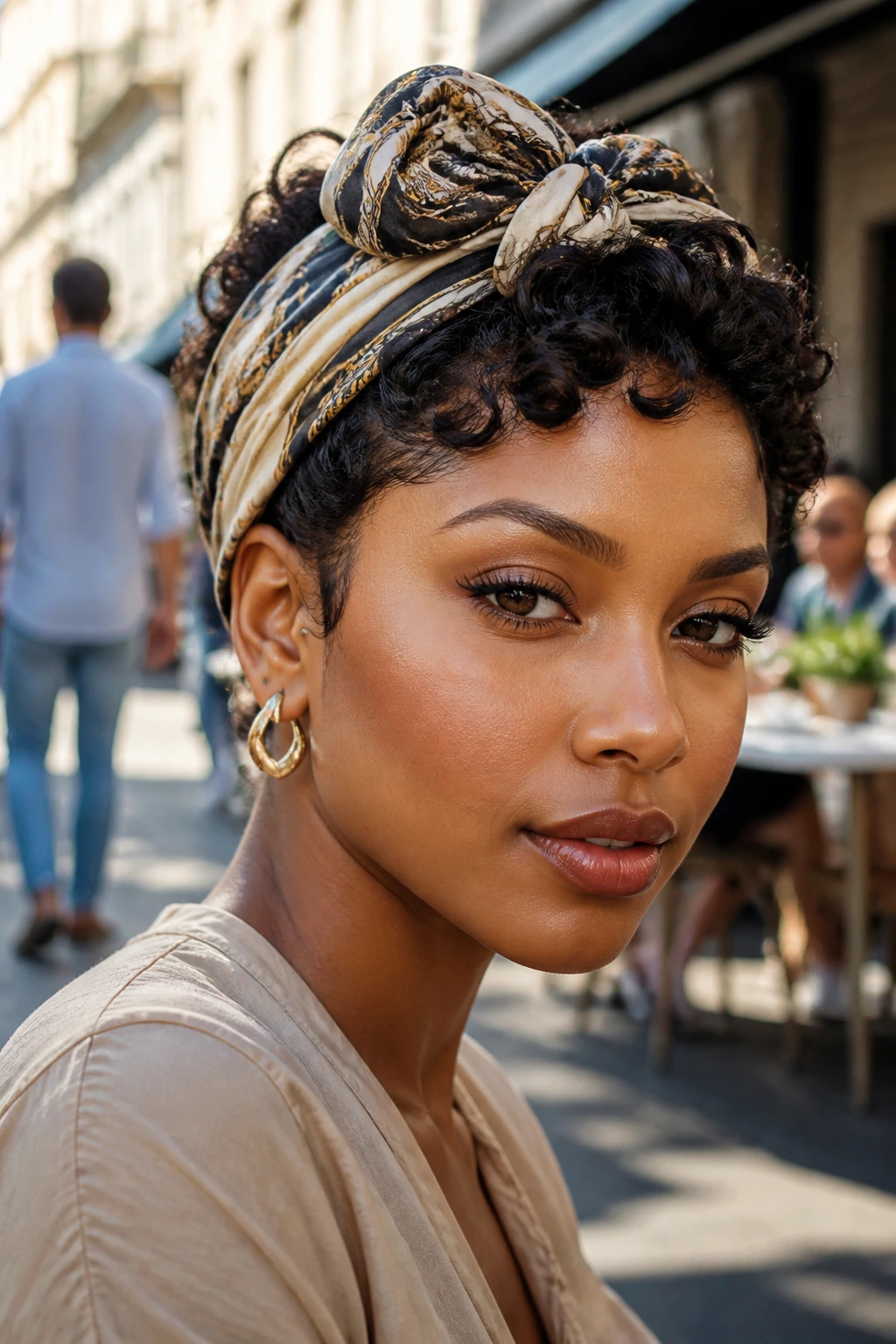 Close-up of sculpted curls visible around a headscarf