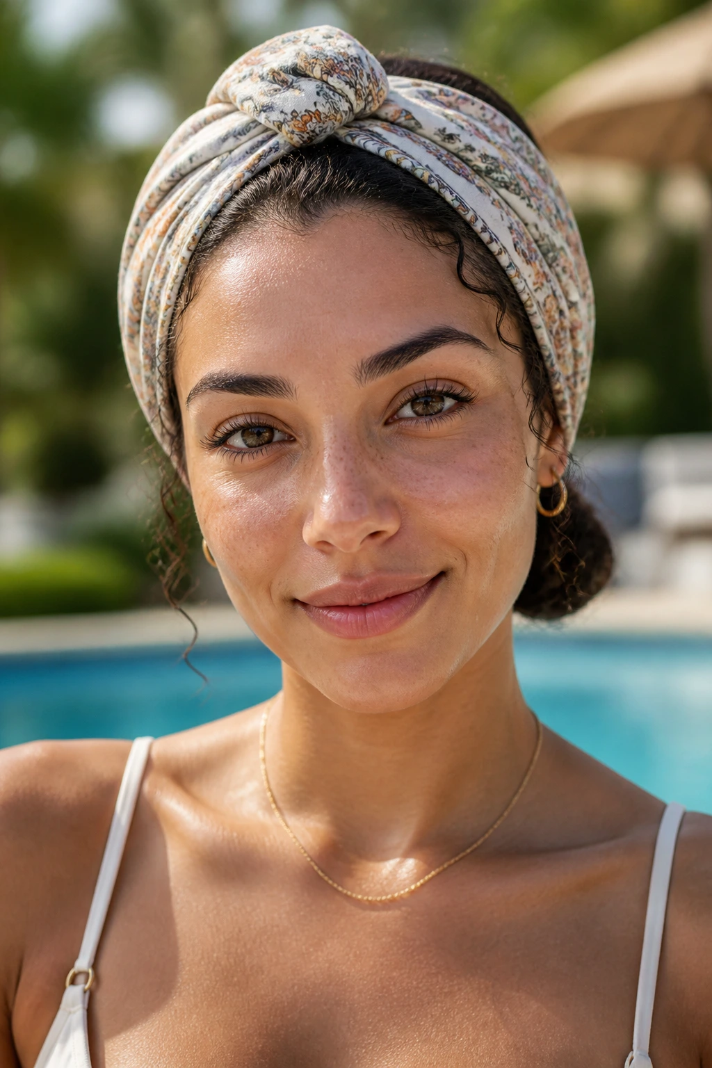 Front close-up of a headscarf tuck over a low knot by pool