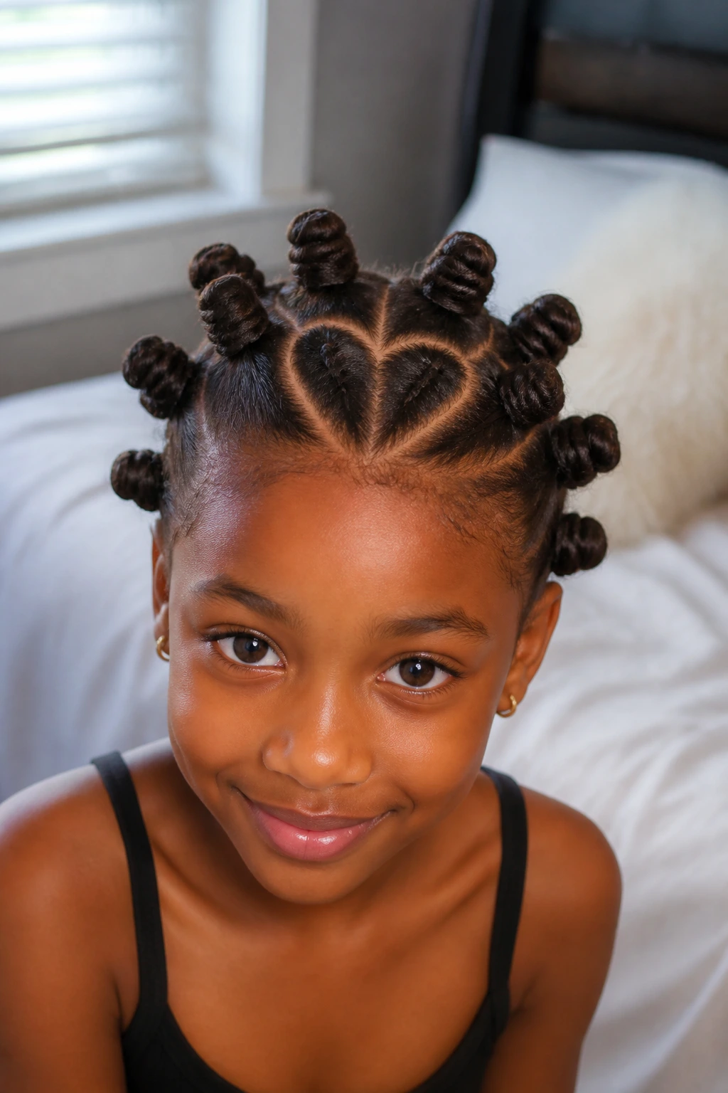Child with heart-shaped part and bantu knots at crown