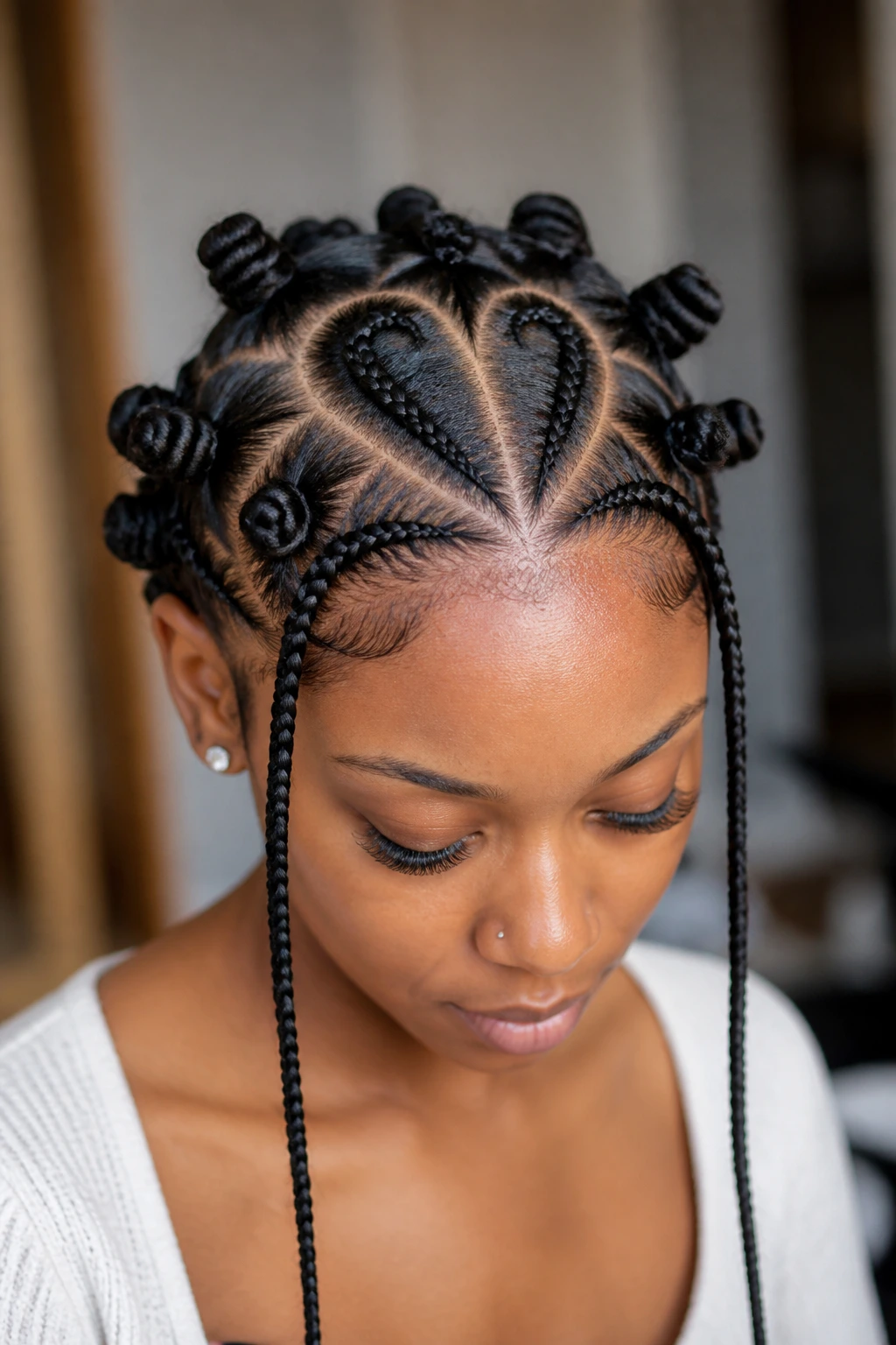 Close-up of a real person with a heart-shaped part, symmetrical knots, and side braids