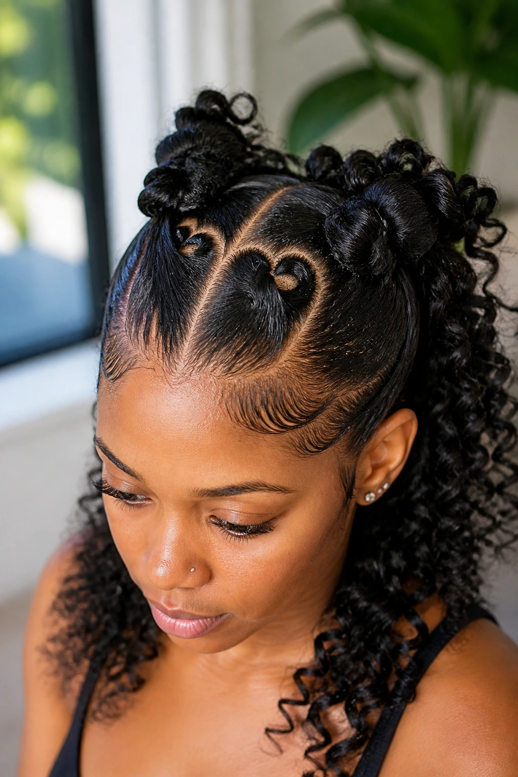 Close-up of a real woman with heart-part knots and spiral ends in her hair