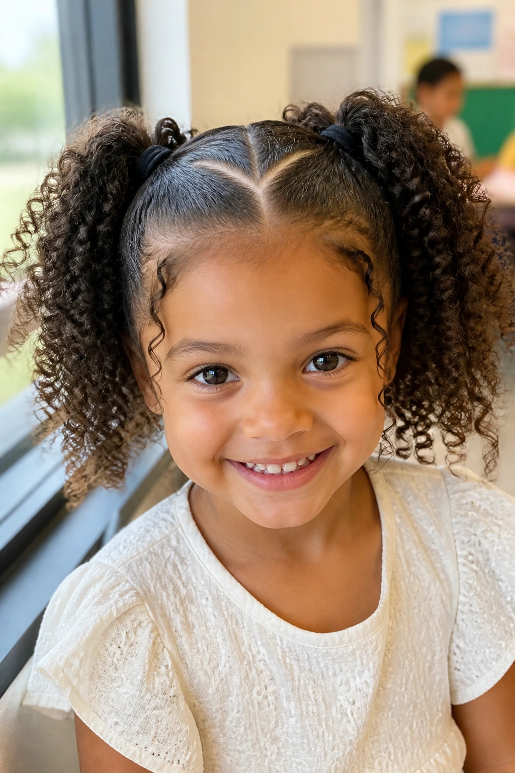 Close-up of a real child with a heart-shaped part and two ponytails