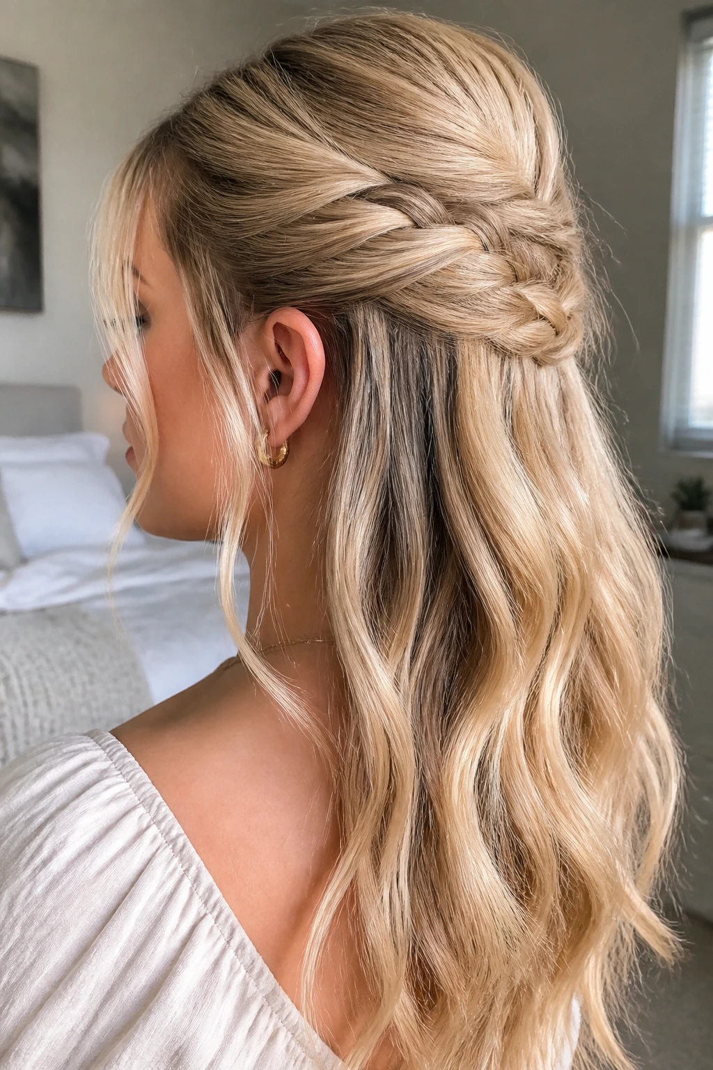 Portrait of a woman with a hidden braid half-up seen from behind, front appears smooth.