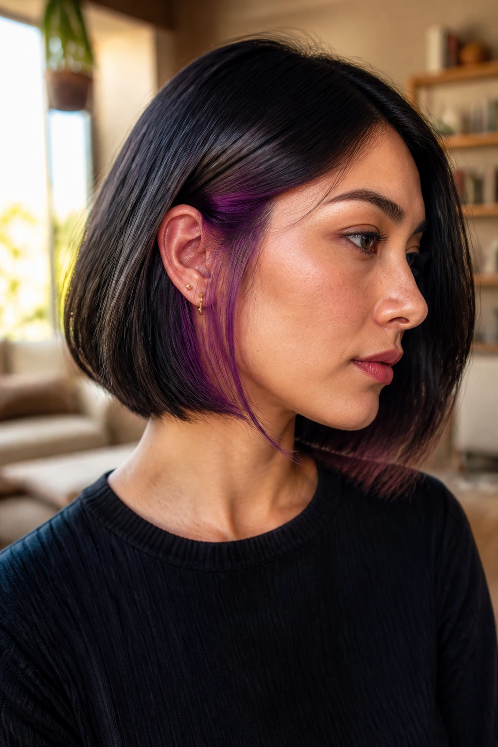 Close-up of a real person with hidden purple underlayer bob
