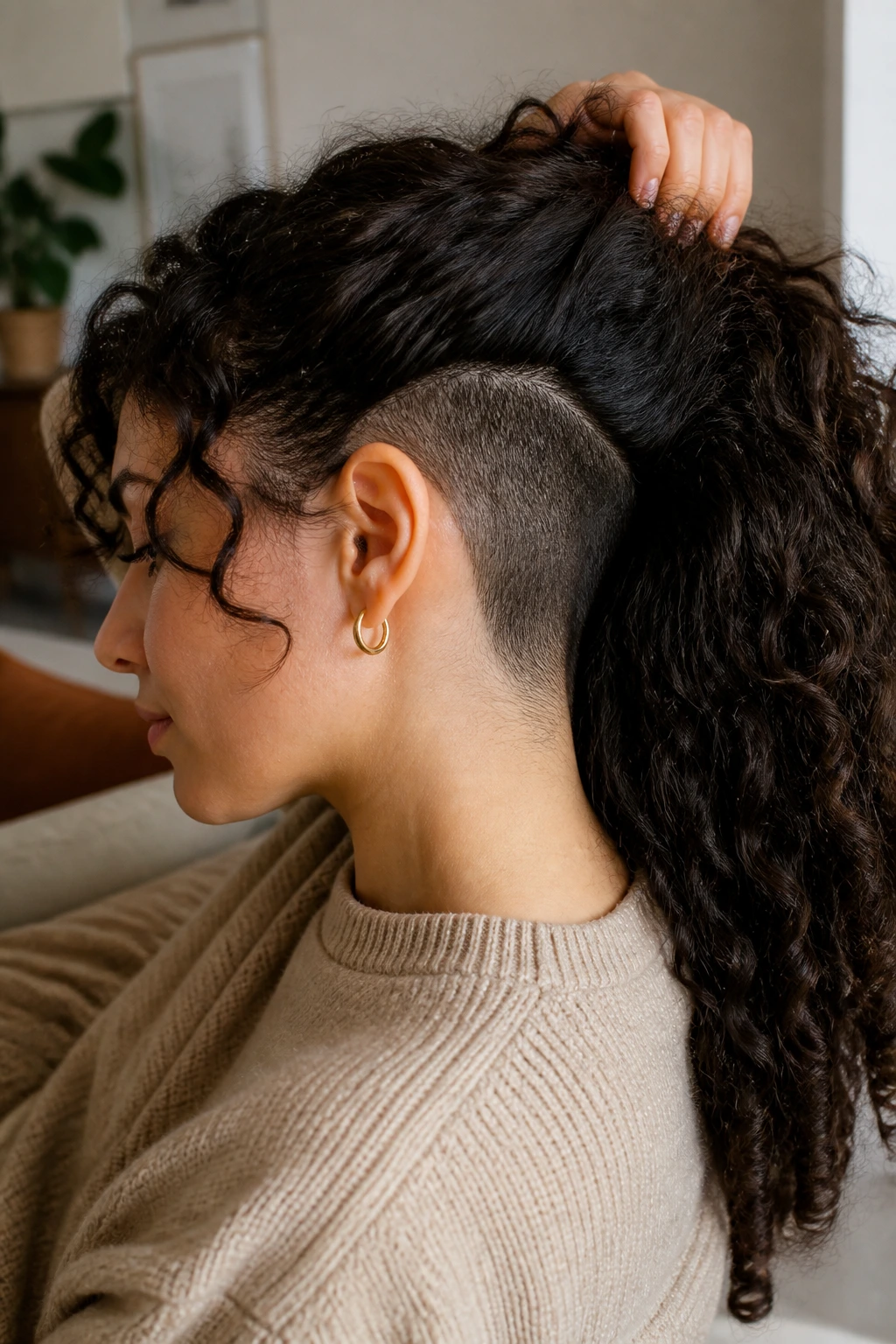 Portrait of a real person with long curls over a hidden undercut at the nape
