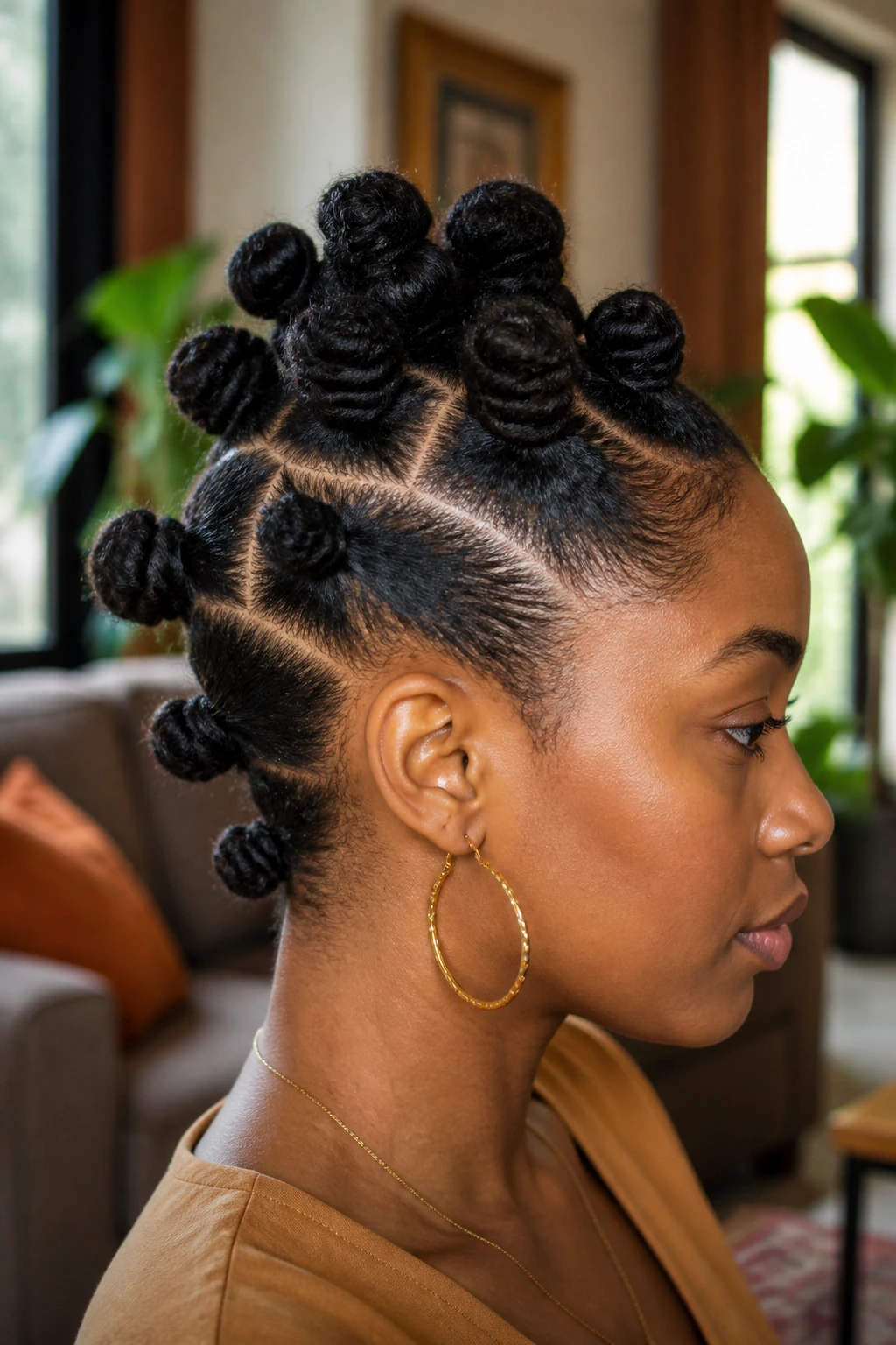 Close-up of a real woman with a high bun cluster at crown and nape knots.
