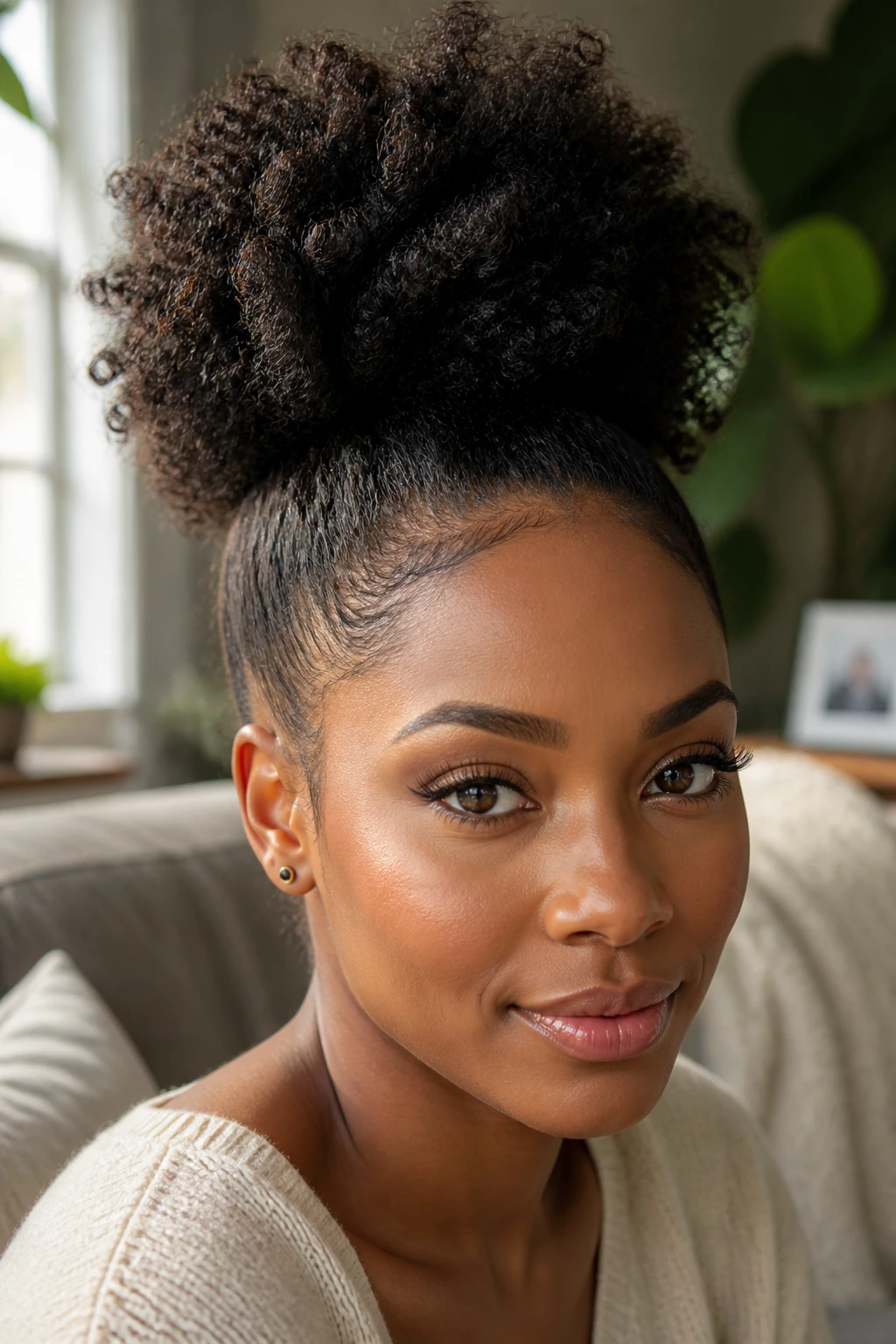 Close-up of a Black woman with a high crown puff and defined natural coils