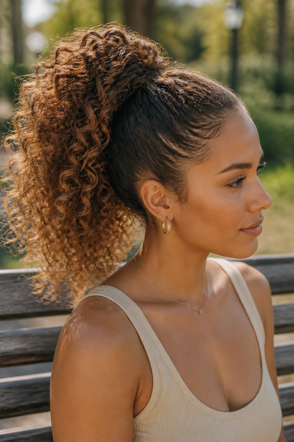Close-up of a real person with a high curly ponytail showing volume