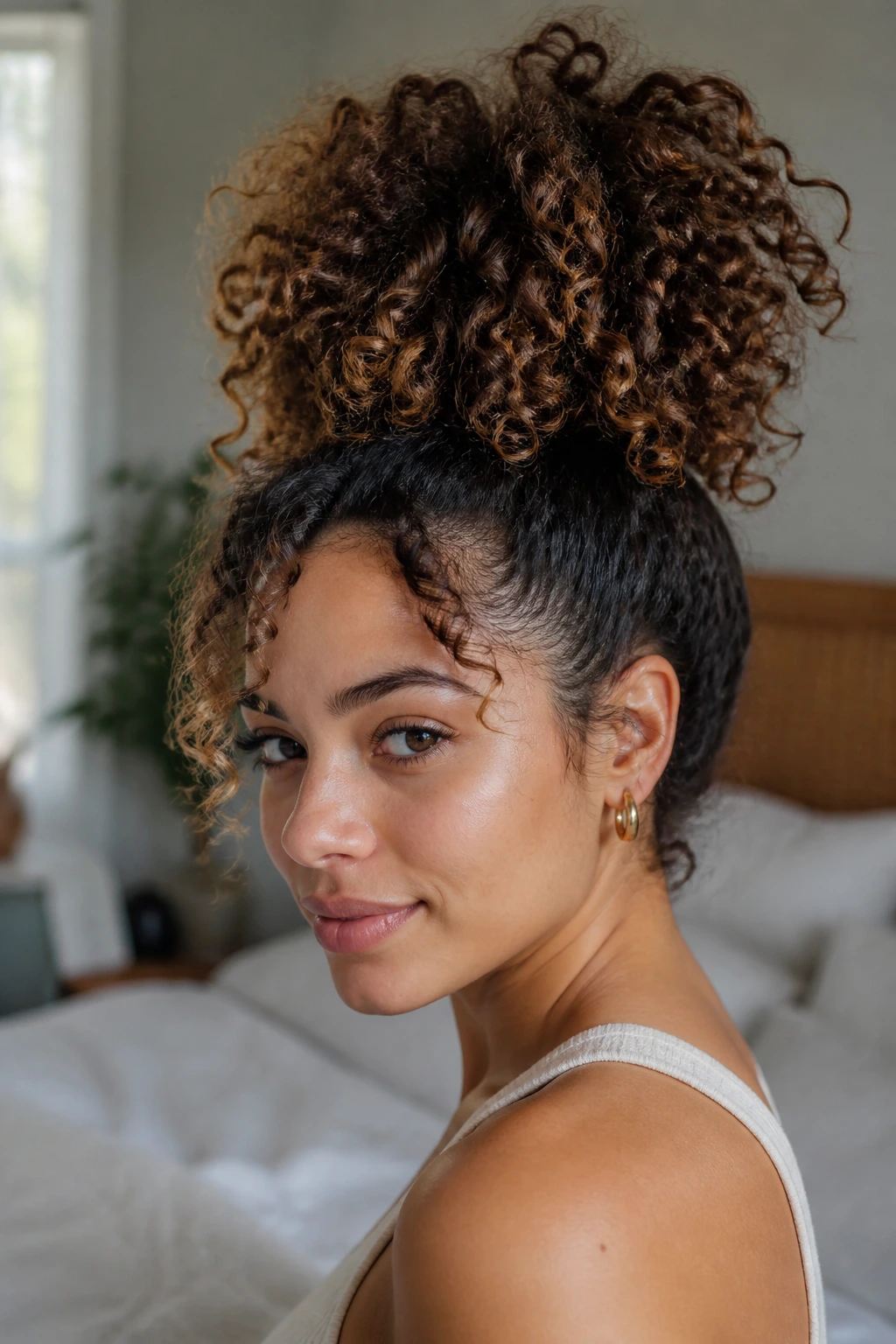 Real woman with a high pineapple hairstyle in soft natural light