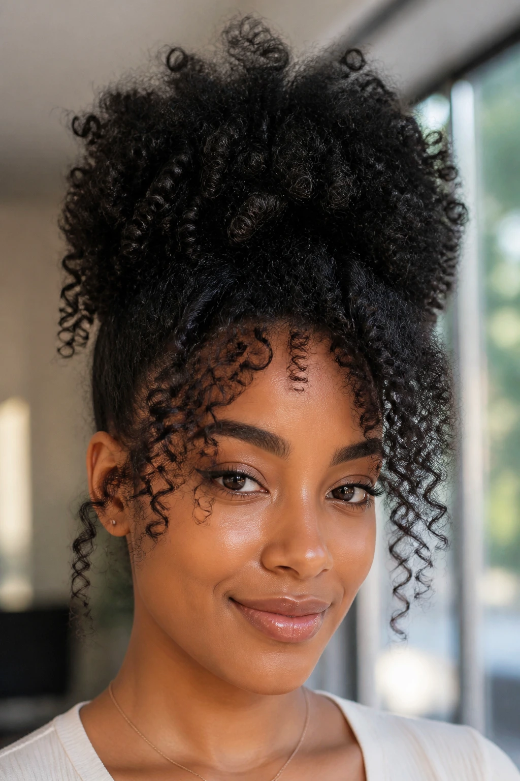Close-up of a real woman with a high pineapple puff hairstyle