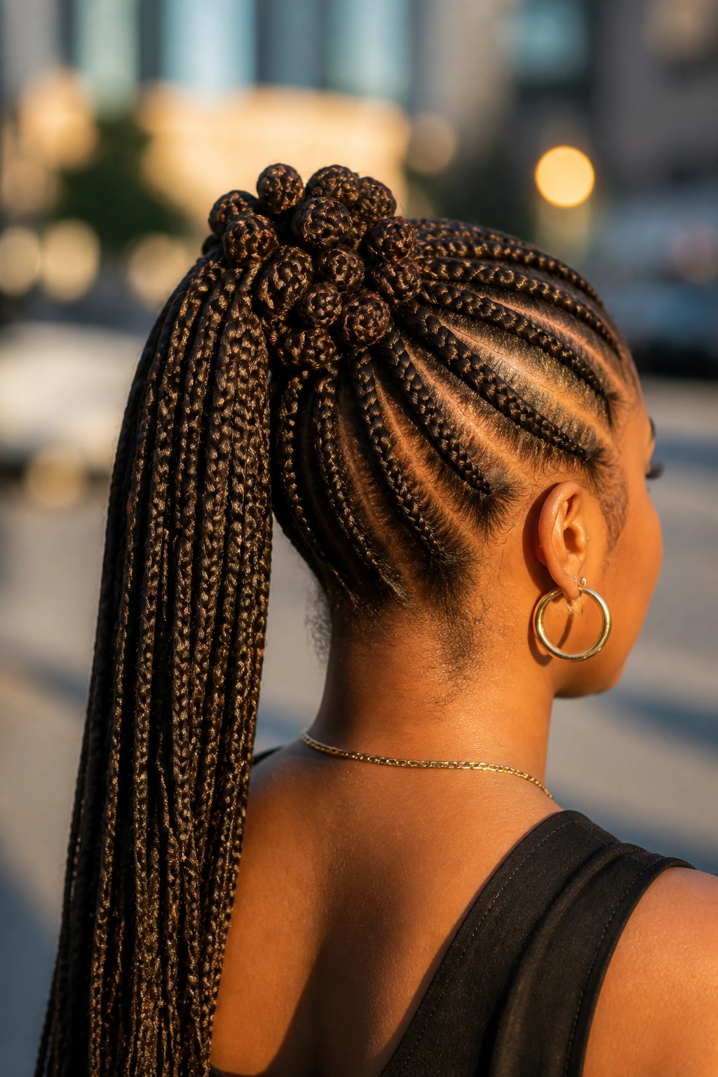 Rear view of high ponytail with knot cluster on real person