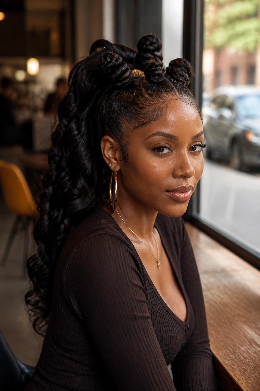 Portrait of a real woman with a high ponytail of Bantu knots and lifted crown