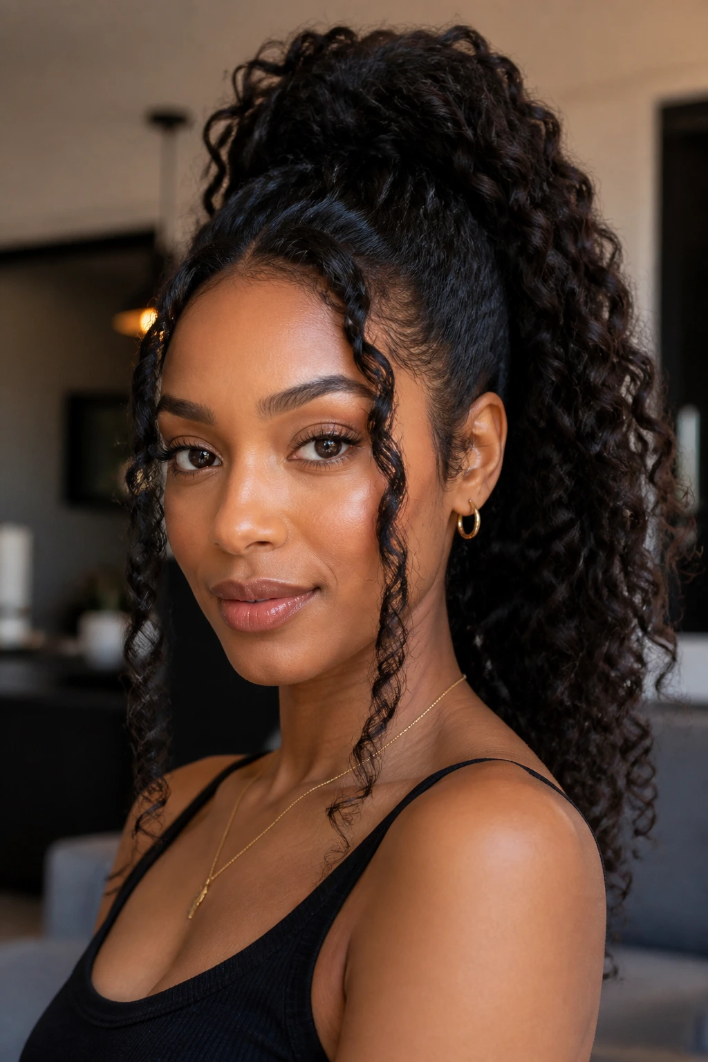 Real woman with high curly ponytail and face-framing pieces