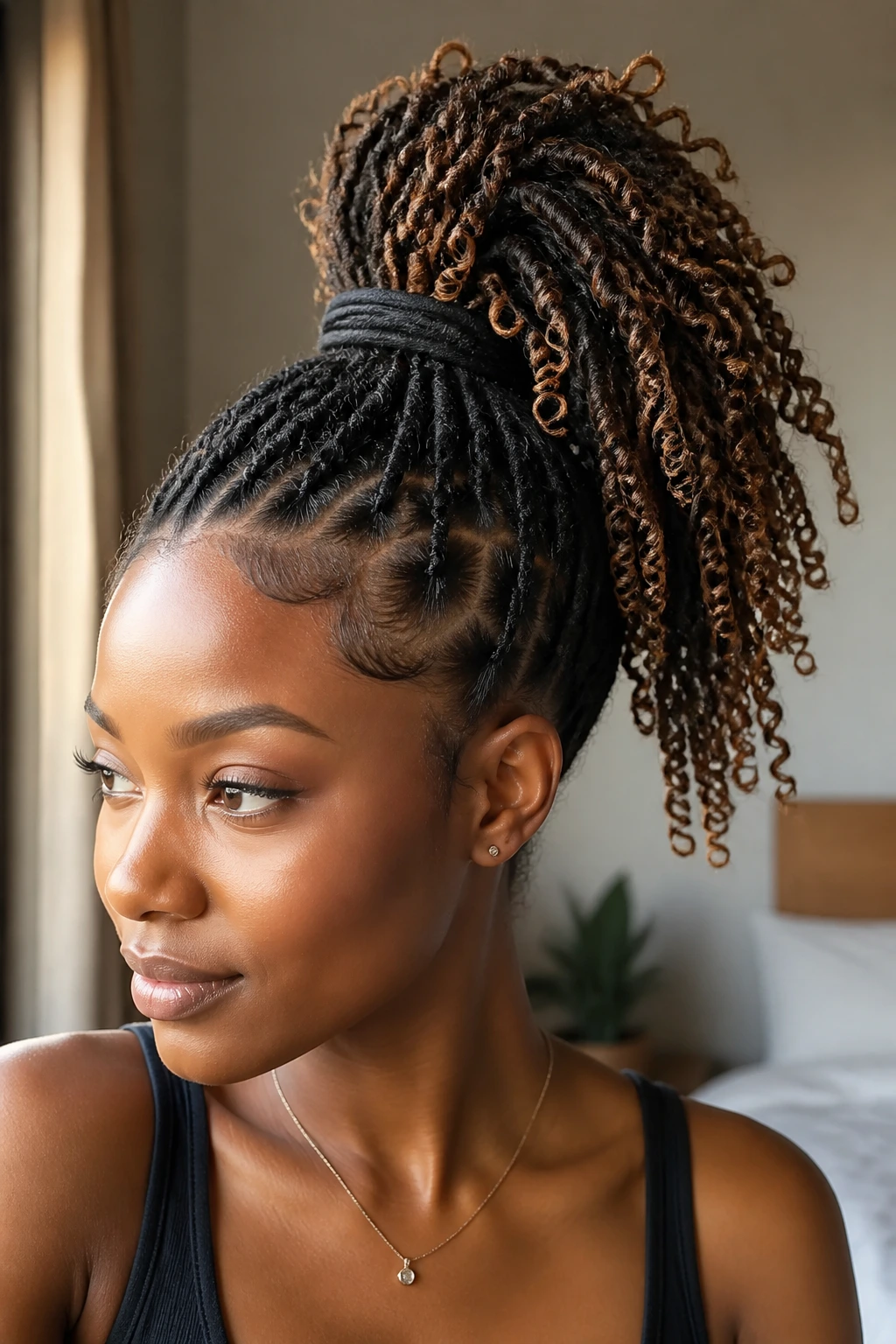 Close-up of a real person with a high curly dreadlock ponytail, crown-height lift, curls cascading