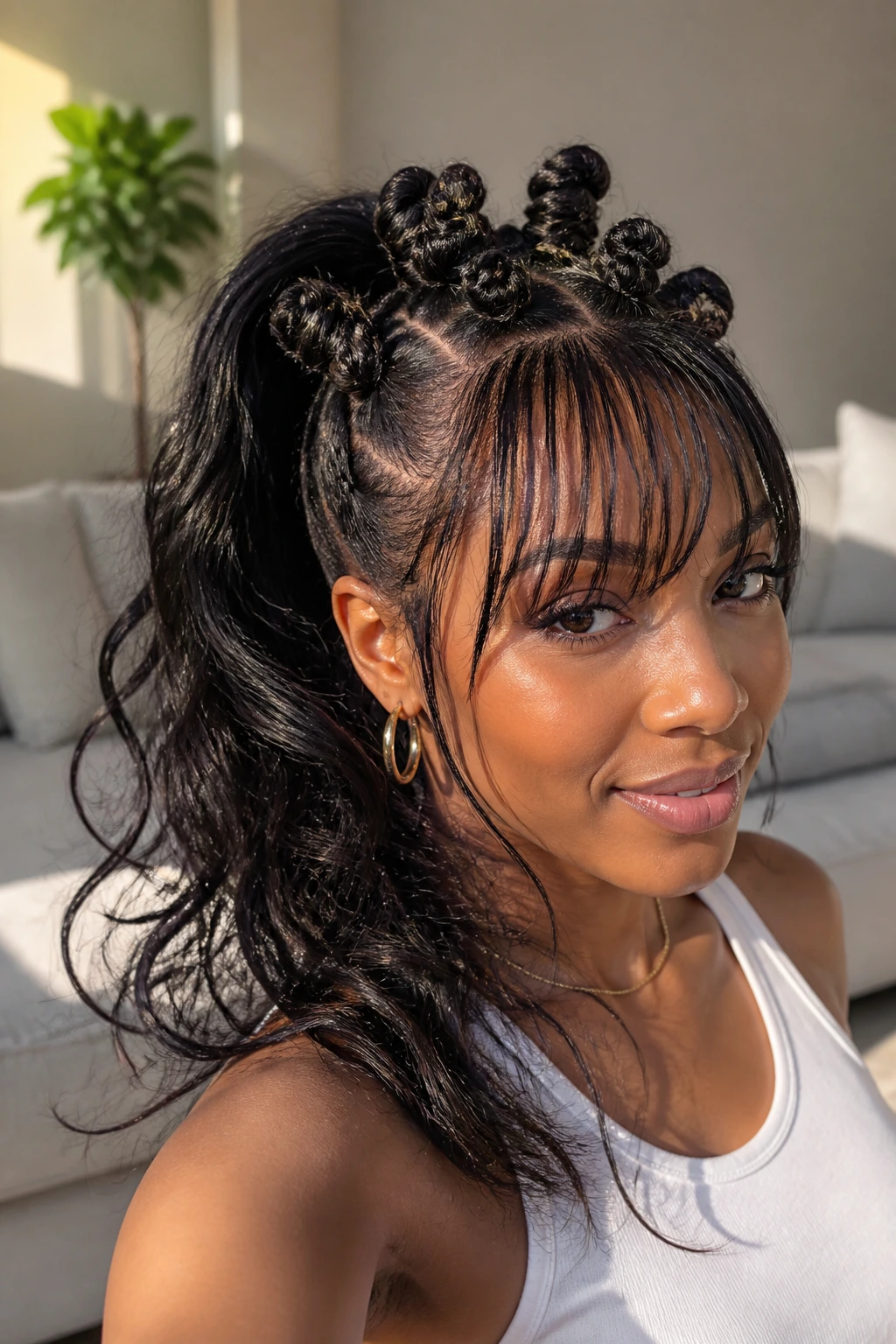 High Ponytail Base with Knotted Top and Bangs close-up portrait